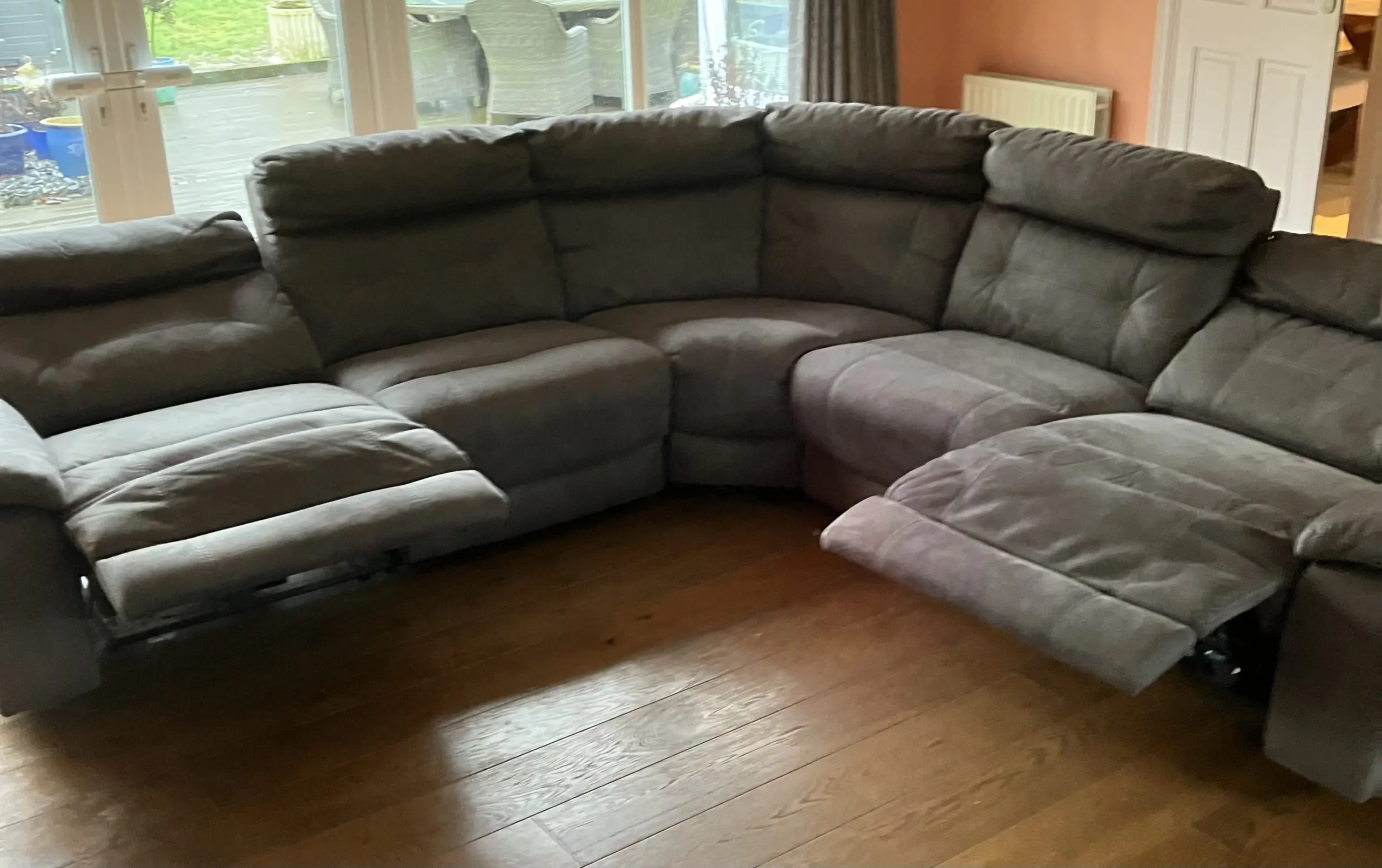 DFS Grey Lyndon power recliner corner sofa and chair