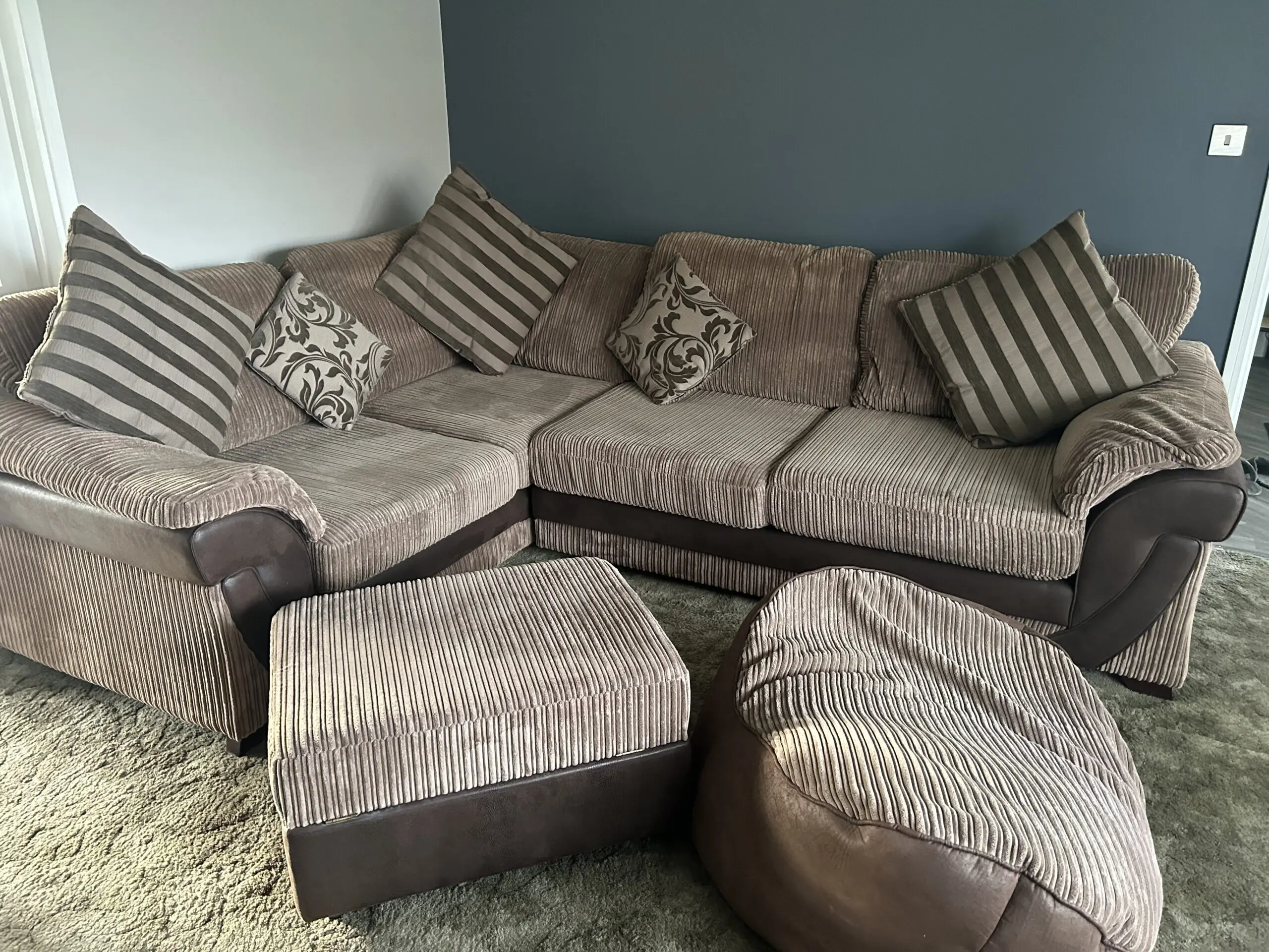 Corner sofa, cushions, foot stool, two beanbags