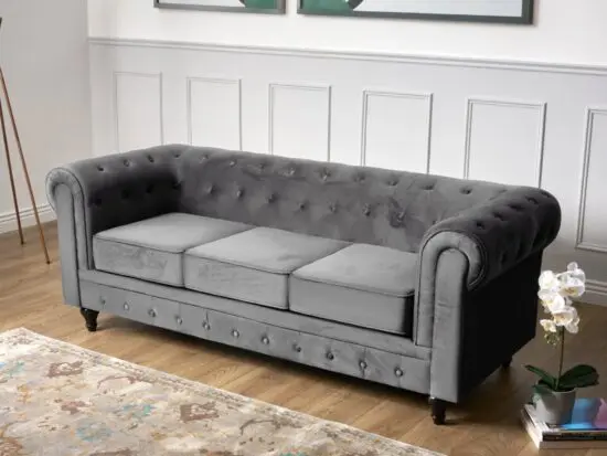 Chesterfield Velvet Three Seater Sofa - Grey