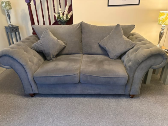 Grey chesterfield 2 seater sofa, snuggle chair and footstool