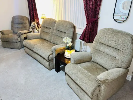 Sherborne Upholstry Keswick Manual Recliner 3 Piece Suite in Beige / Oatmeal Fabric.