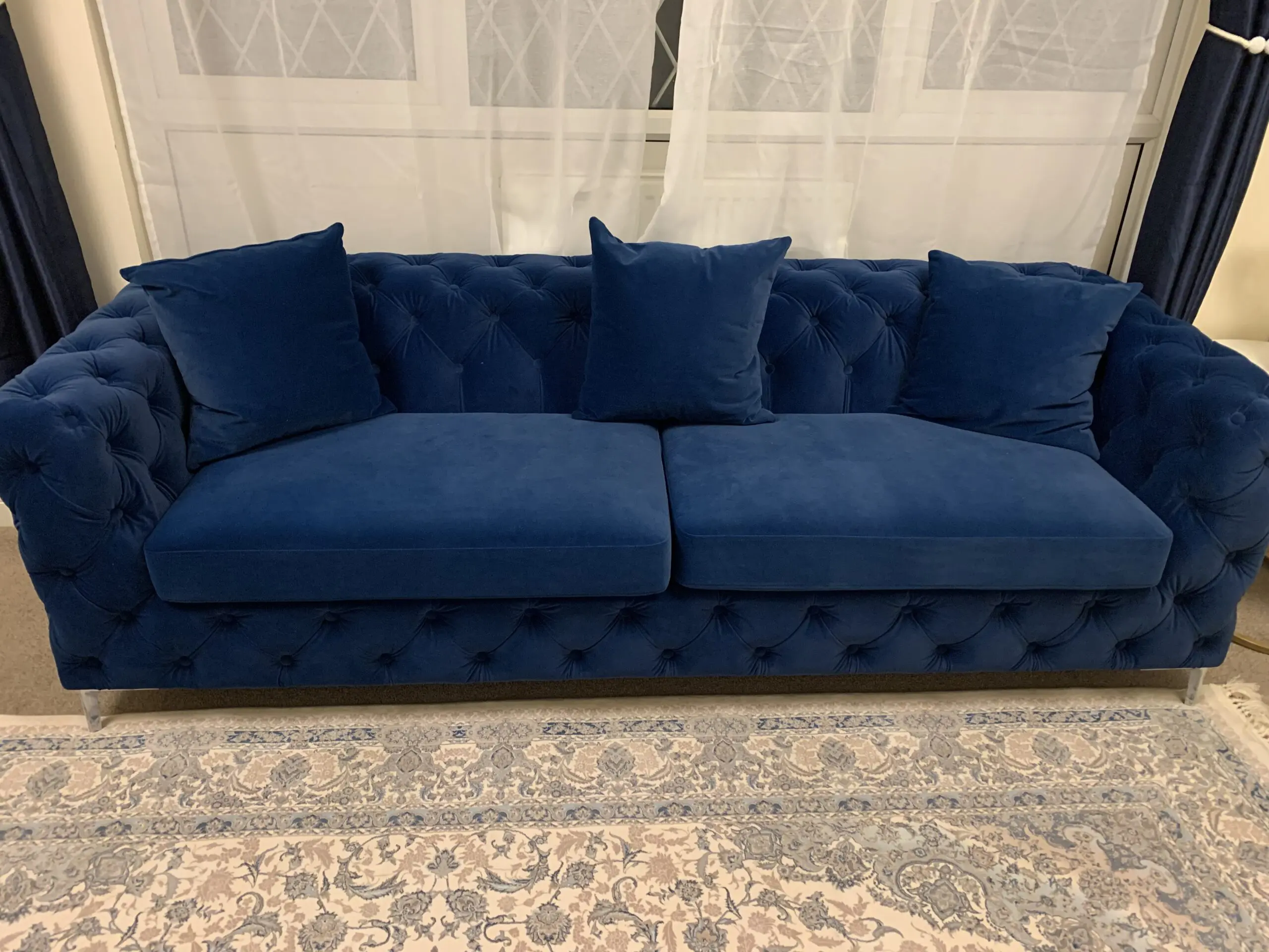 Oak Furniture Land Luxurious Navy Chesterfield 3-Seater Sofa with Button Tufting