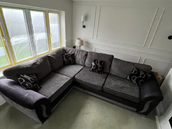 DFS grey & black sofa set: 4 seater L shaped corner sofa, love chair and footstool