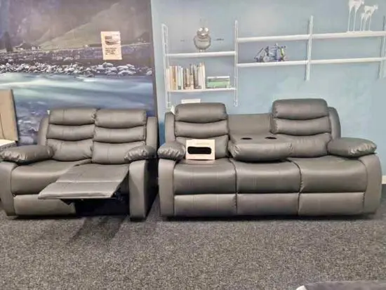 Grey Roma Leather Recliner 3 Seater Sofa and 2 Seater Sofa