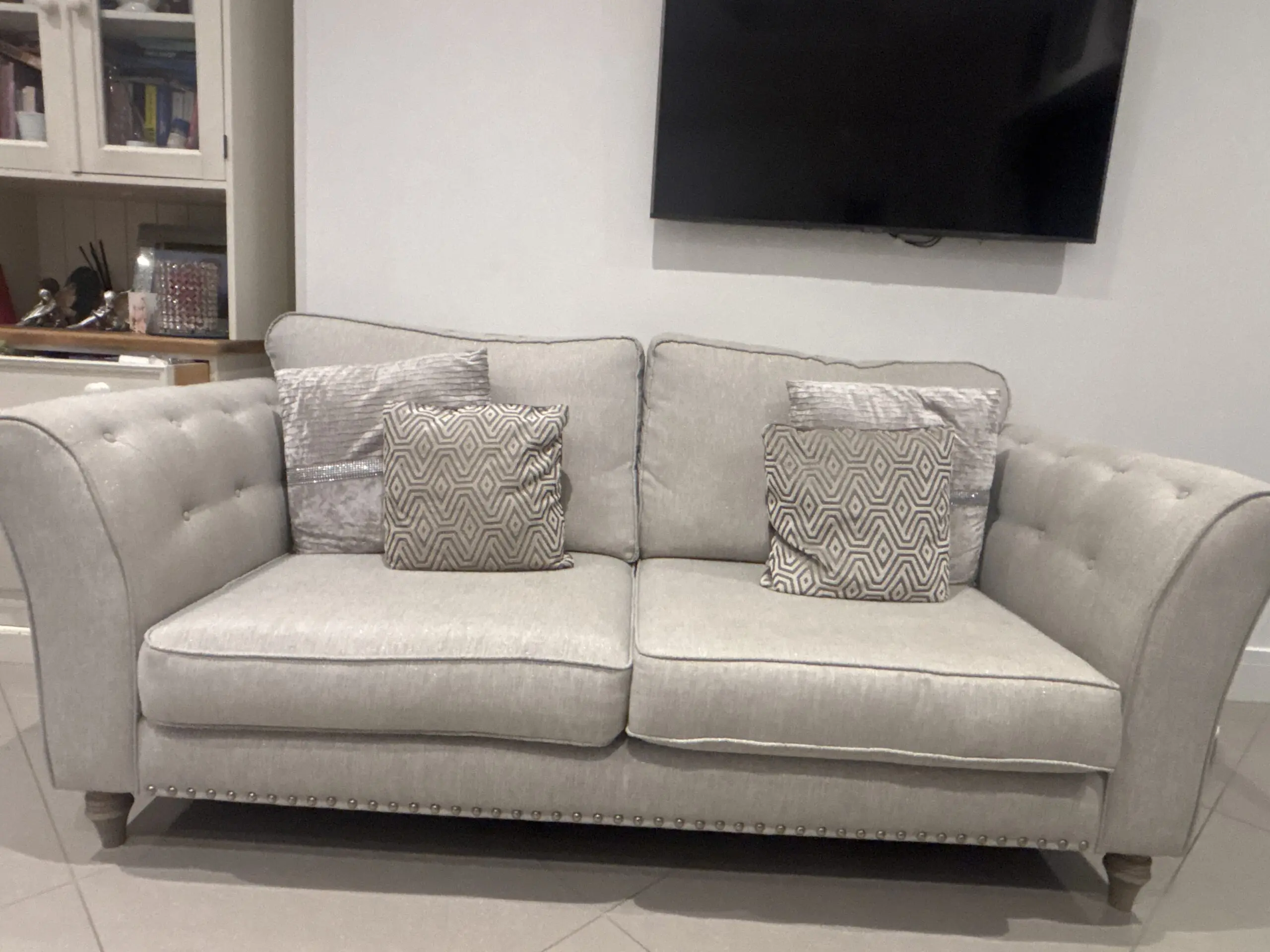 Furniture Village Modern 3-Seater Sofa with Studded Detail and Patterned Cushions