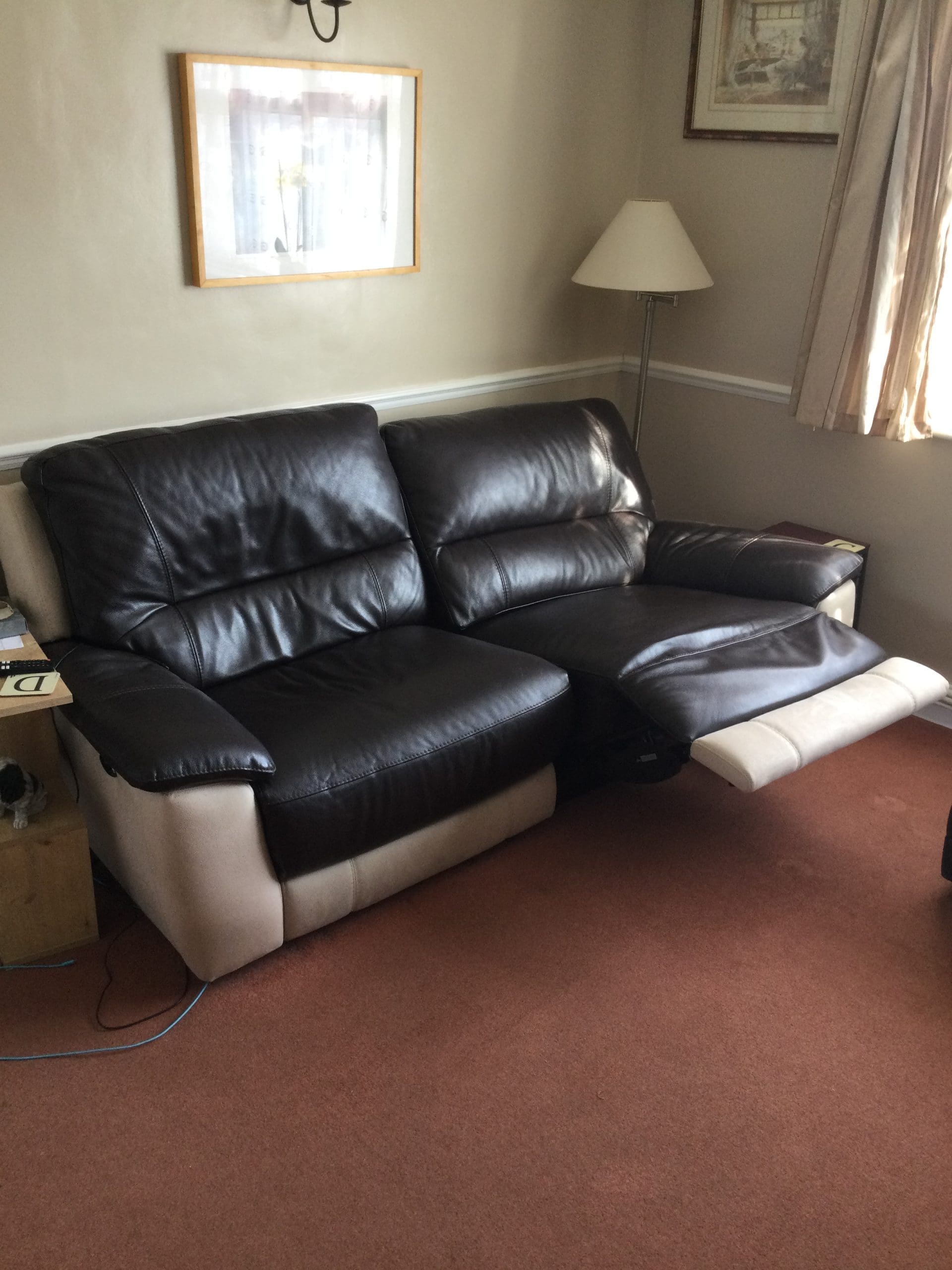 DFS Manning Power Recliner 3 seater Sofa plus Chair and footstool. 2 tone. Leather and Suedette. Dark Brown and Cream