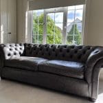 Light grey calves leather chesterfield. hand made by Distinctive Chesterfields London