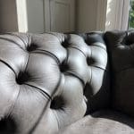 Light grey calves leather chesterfield. hand made by Distinctive Chesterfields London