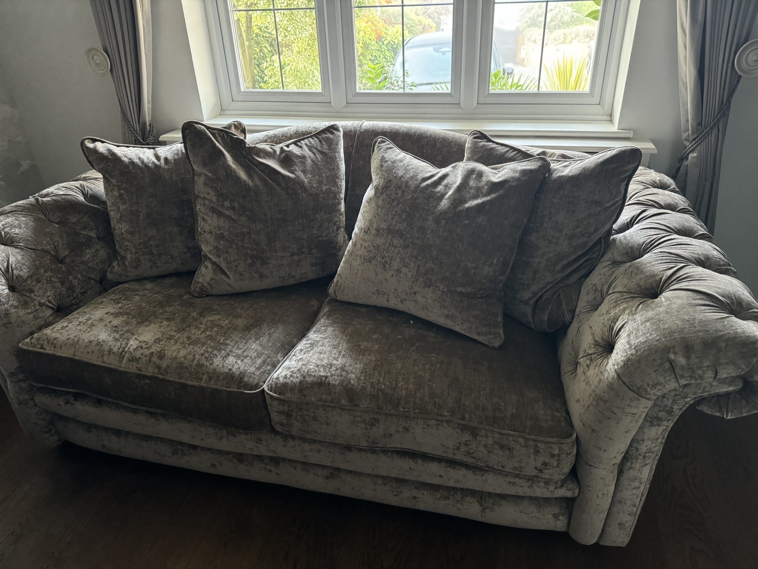 Two Country living Loch Leven Pillow Back 3 Seater Sofas and Large Button Footstool Sofalistic The Sofa Marketplace buy and sell preloved sofas nationwide