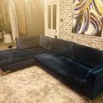 Blue velvet chaise corner sofa with ottoman