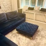 Blue velvet chaise corner sofa with ottoman