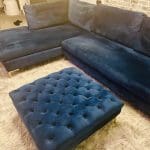 Blue velvet chaise corner sofa with ottoman