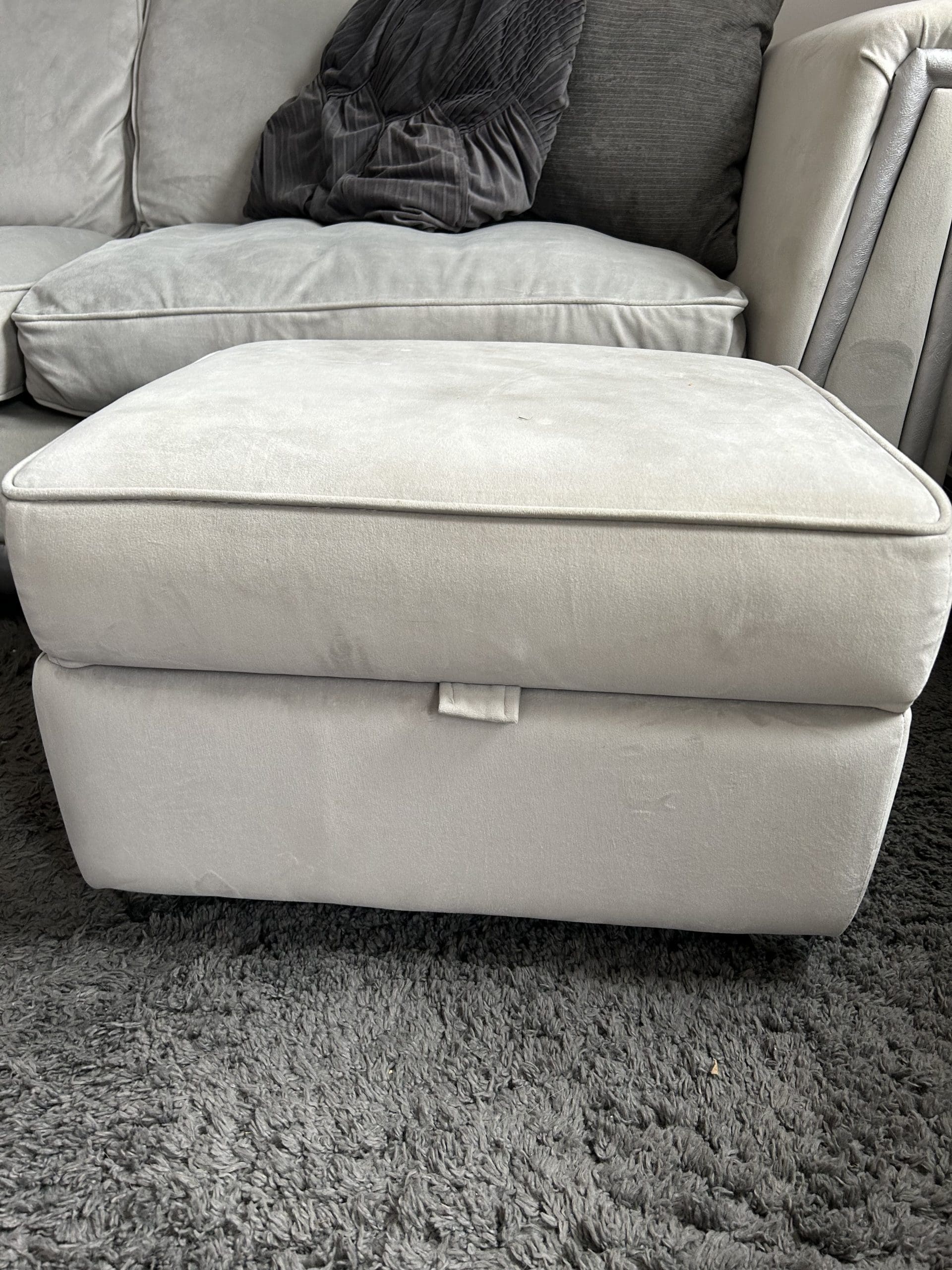 DFS Gigi grey and silver 4 seater sofa Arm chair and footstool with storage Sofalistic The Sofa Marketplace buy and sell preloved sofas nationwide