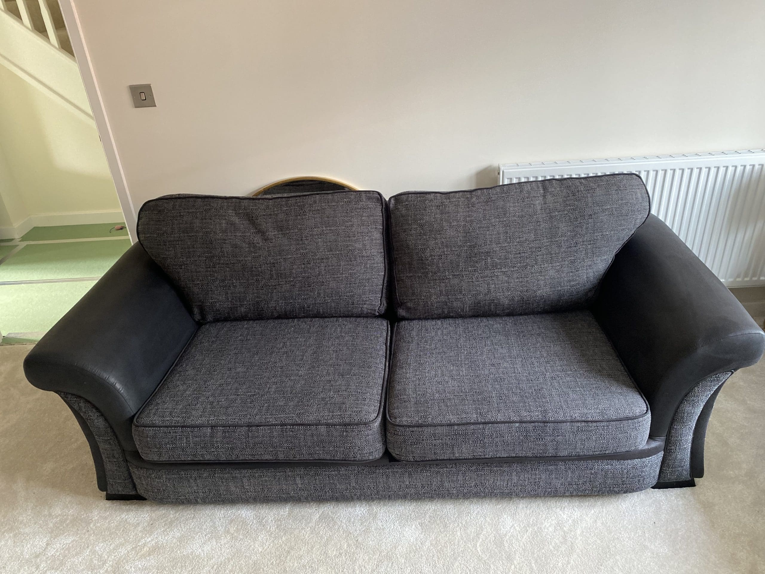 SCS grey 3 seater sofa with black leather arms