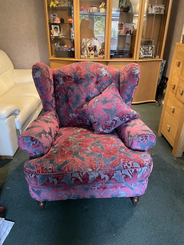 Sofology Liherte purple and grey fabric wingback style chair. Sofalistic The Sofa Marketplace buy and sell preloved sofas nationwide