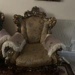 Elegant Antique Gold 3-Seat Sofa with Exquisite Carved Frame and Matching Set of 4 Chairs.