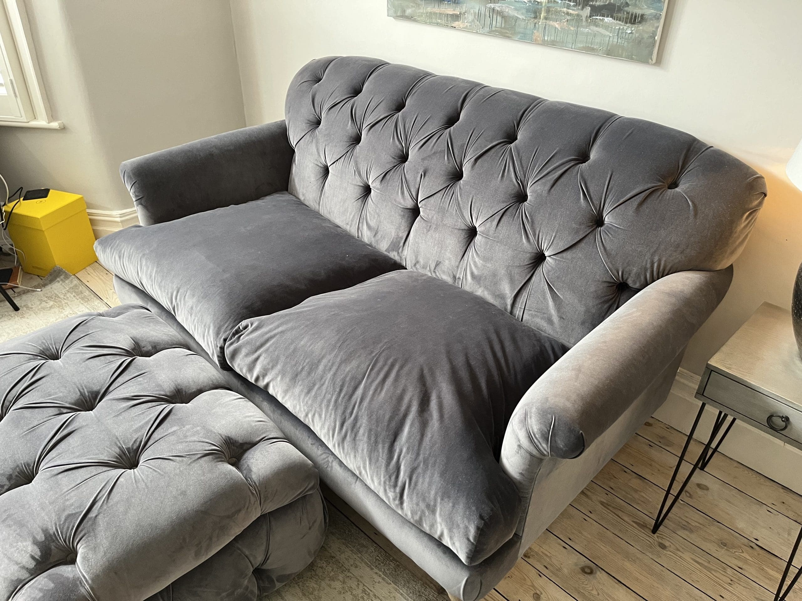 Loaf Truffle Sofa 3 Seater Medium in Steel Clever Velvet with Footstool Sofalistic The Sofa Marketplace buy and sell preloved sofas nationwide