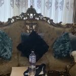 Elegant Antique Gold 3-Seat Sofa with Exquisite Carved Frame and Matching Set of 4 Chairs.