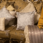 Elegant Antique Gold 3-Seat Sofa with Exquisite Carved Frame and Matching Set of 4 Chairs.
