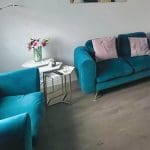 DFS double sofa, cuddle chair (teal)