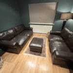 John Lewis brown leather sofa sets: 3 seater, 2 seater and footstool
