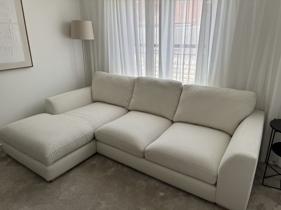 DFS Calix 3 seater sofa with chaise long in ivory boucle with matching footstool