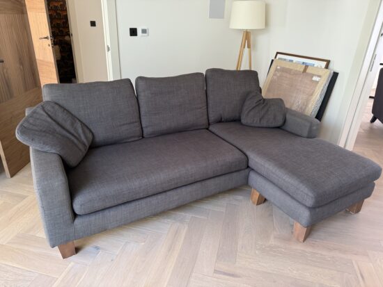 Dwell grey corner sofa, armchair and cuboid footstool