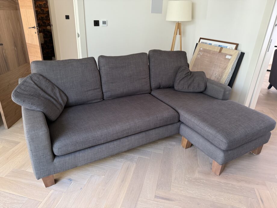 Dwell grey corner sofa, armchair and cuboid footstool