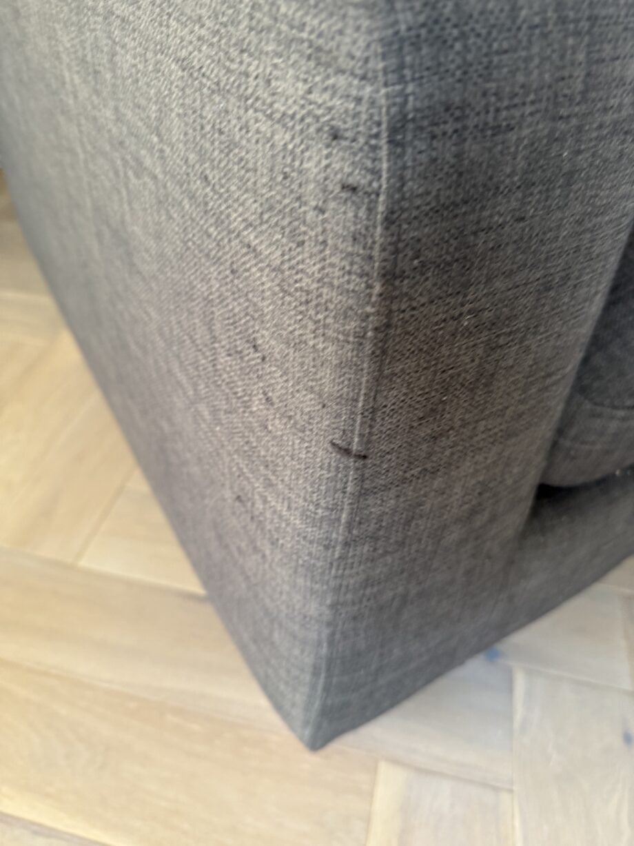 Dwell grey corner sofa, armchair and cuboid footstool