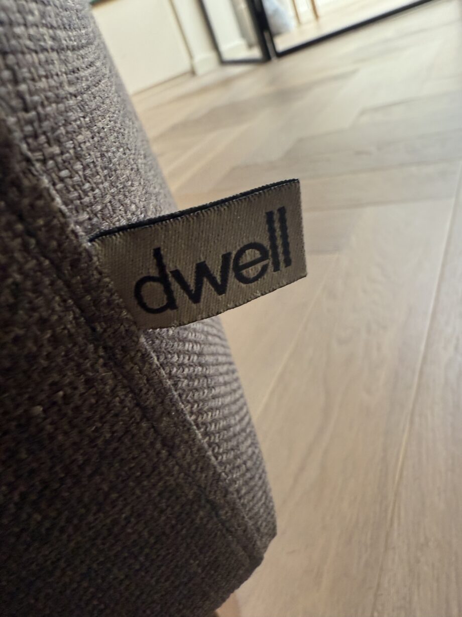 Dwell grey corner sofa, armchair and cuboid footstool