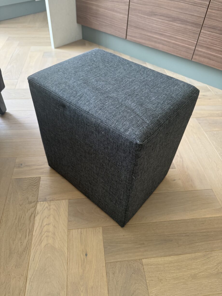 Dwell grey corner sofa, armchair and cuboid footstool