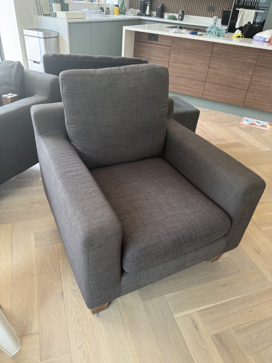 Dwell grey corner sofa, armchair and cuboid footstool
