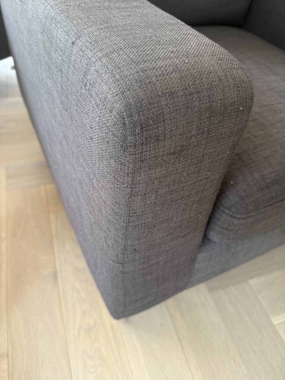 Dwell grey corner sofa, armchair and cuboid footstool