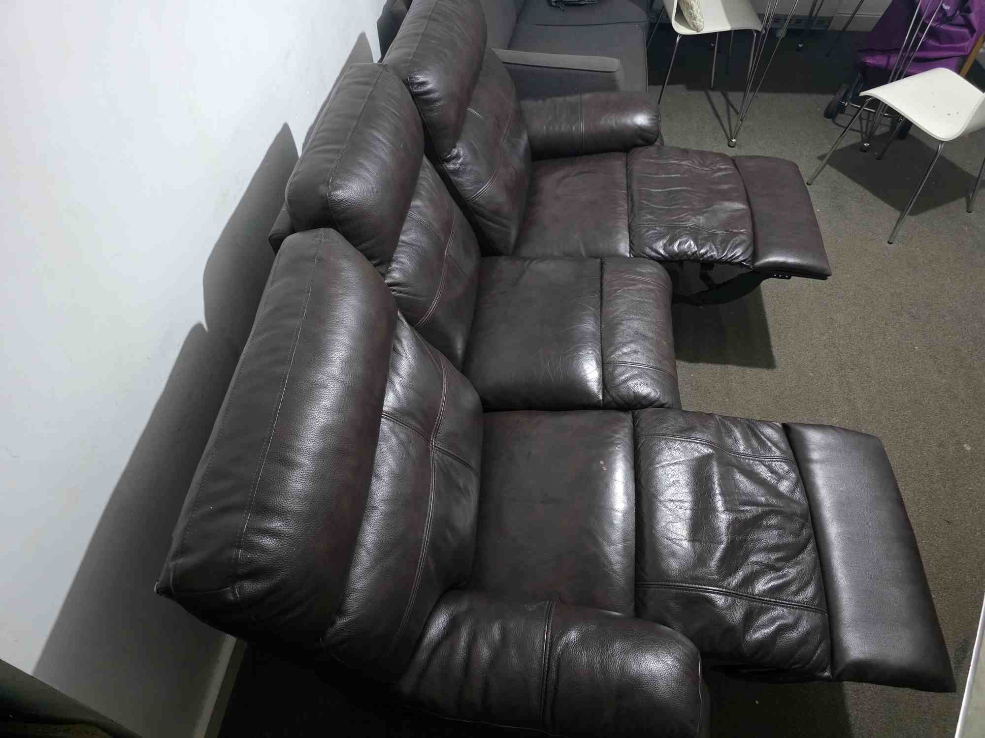 Dark brown 3 seater sofa with 2 seat having manual recliner.