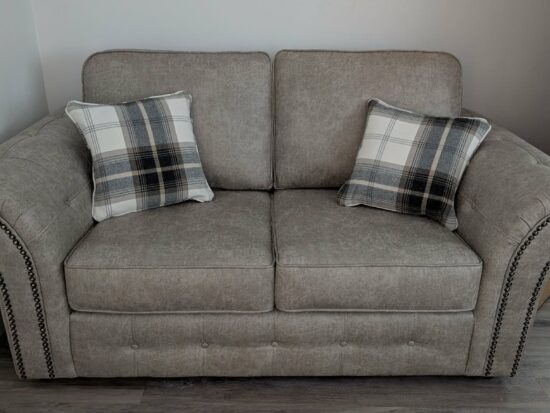 Wayfair 2-Seater Sofa with Nailhead Trim & Plaid Cushions