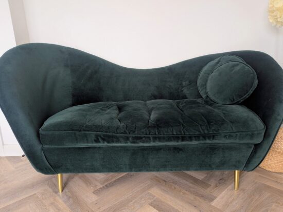 Made Elegant Curved Chaise Lounge with Tufted Cushion and Bolster Pillow