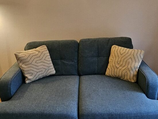 DFS Modern 2-Seater Sofa with Geometric Cushions – Contemporary Style