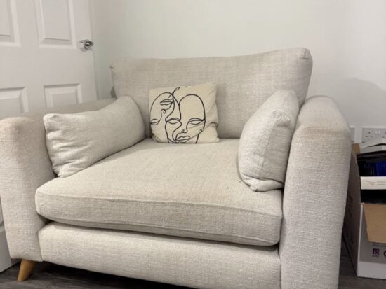 DFS Mid-Century Modern Love Seat with Wooden Legs – Perfect for Small Spaces