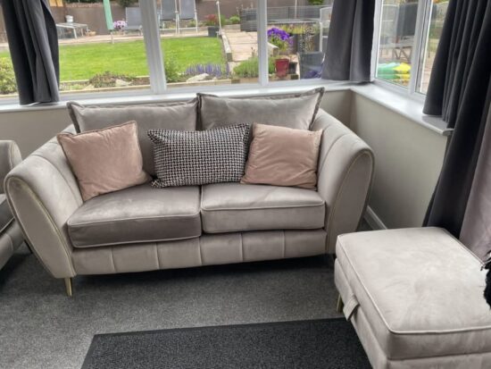 Sofology Modern Footstool, 3-Seater & 2-Seater Sofa with Curved Arms and Decorative Cushions